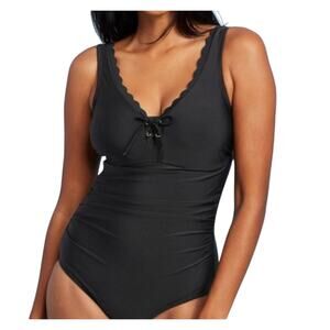 Kona Sol Womens Black One Piece Rouched Sides Scalloped Straps Swimsuit Size L